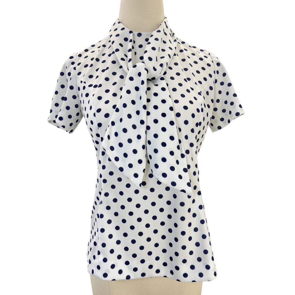 Vintage 70s White Black Polka Dot Tie Neck Blouse Top Women's 34 Bust